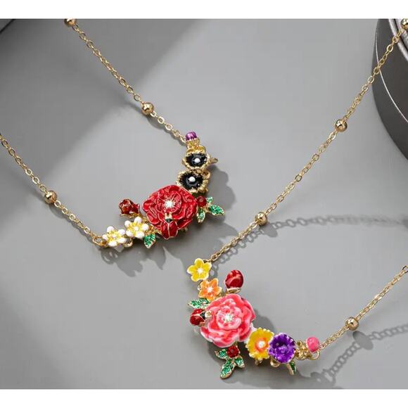 Cluster of Enamel Painted Flowers on Bar Necklace Gold Dotted Chain Collar NWT - Picture 3 of 3